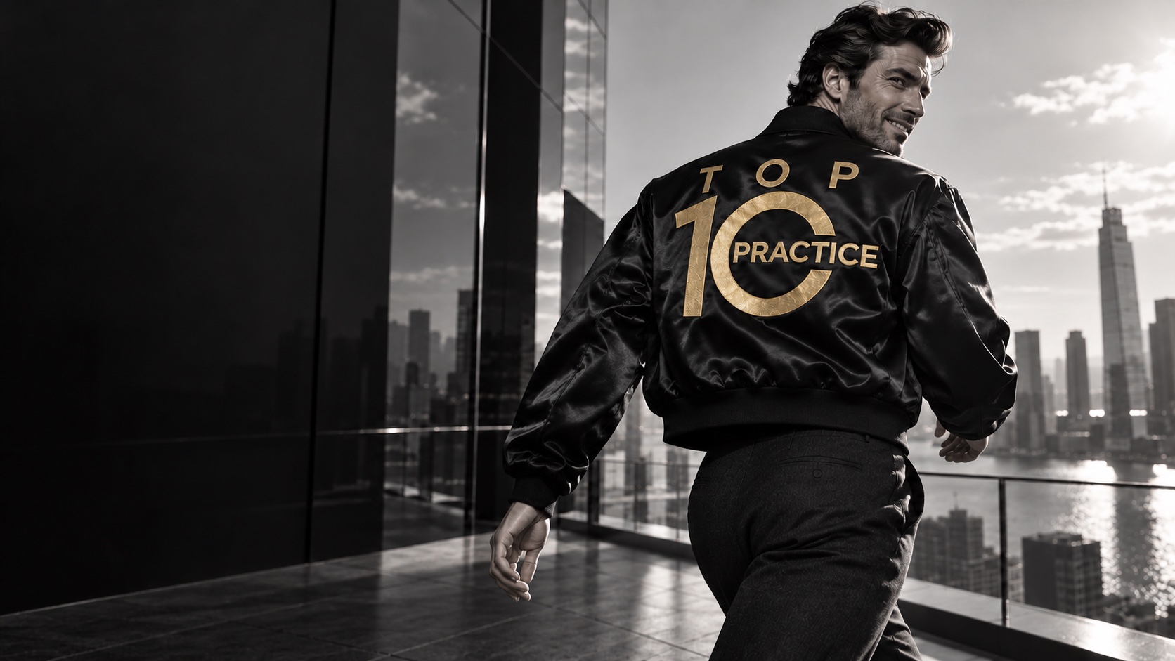 A smiling man in a black Top 10 Practice jacket overlooking the city